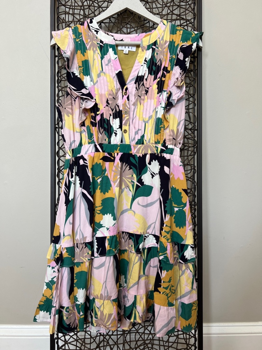 THML Fit & Flare Floral Ruffle Mini Dress day to night pink green black yellow S
